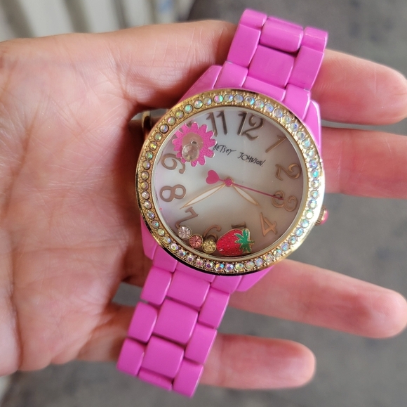 Betsey Johnson Pink and Gold Sparkle Watch With Floating Trinkets EUC - Picture 1 of 10